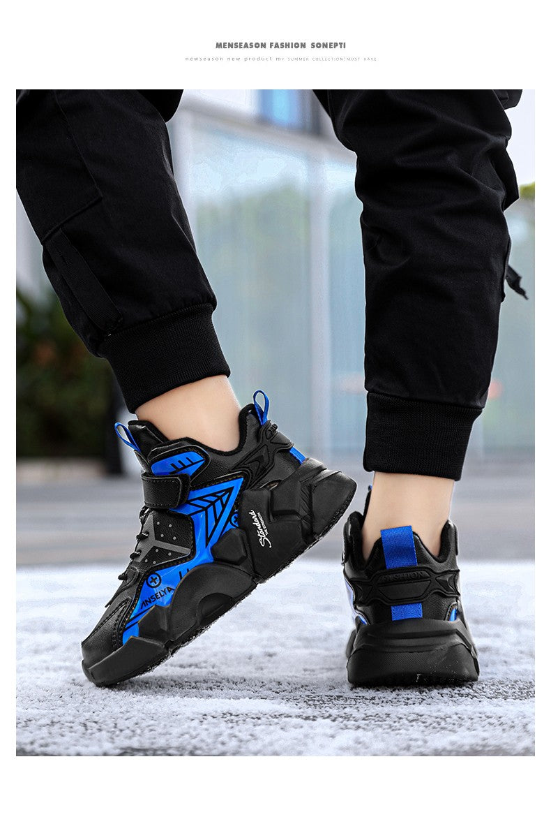 Winter Children's Fashion Sports Shoes Leather Boys' Running Sneakers Flat Casual Walking Shoes Warm Lightweight Outdoor Boots