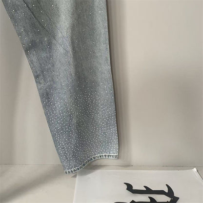 Calça Jeans Masculina Blue Washed MIXED EMOTION Hot Drill Letter Retrô Americana Calça Jeans Feminina Mixed Emotion