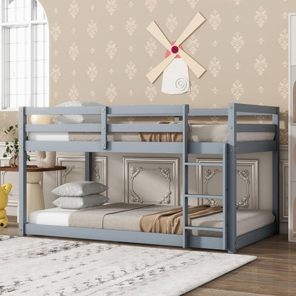 Bunk Bed Twin Over Twin, Wood Low Profile Floor Twin Bunk Beds with Ladder Guardrails , No Box Spring Needed