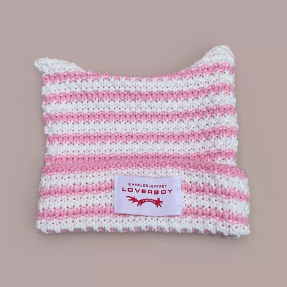 Y2K Handmade Stripe Knit Beanie Hat Cat Ears Cold Hat Winter Men Female Warm Crochet Hat Kawaii Designer
