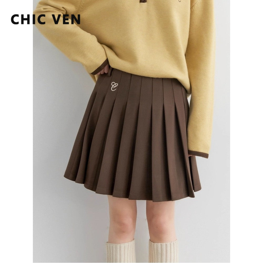 CHIC VEN Women Pleated Skirt High Waist Casual Preppy Style A-line Thick Mini Skirt for Girl Autumn Winter 2025 Ladies Clothing