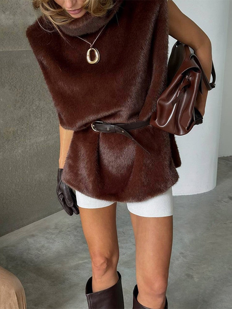 Women Solid Faux Fur Vest Crop Top Fashion Turtleneck Fluffy Short Tank Tops 2025 Winter Lady Elegant Sleeveless Jacket Coat