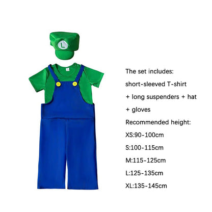 Game Super Brother Marios Luigi Bros Cosplay Costumes Short-sleeved T-shirt Overalls Suit Man Kids Carnival Halloween Costumes