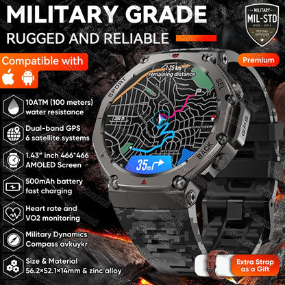 Novo Smartwatch Militar GPS de Banda Dupla T-Rex 3 Pro 48mm Resistente à Água 10ATM Bateria de 500mAh Bússola Altímetro AGPS