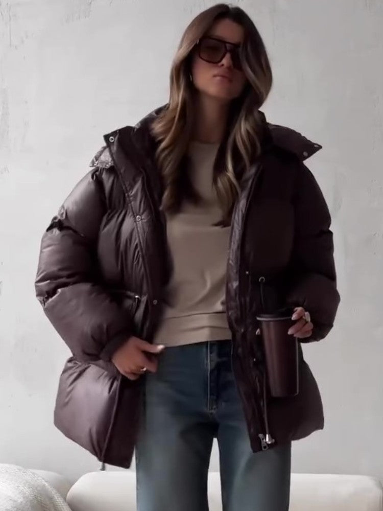 Chic Hooded Cotton Padded Jackets For Women Y2K Single Breasted Zipper Drawstring Coats 2026 Winter Pocket Long Sleeve Outerwear