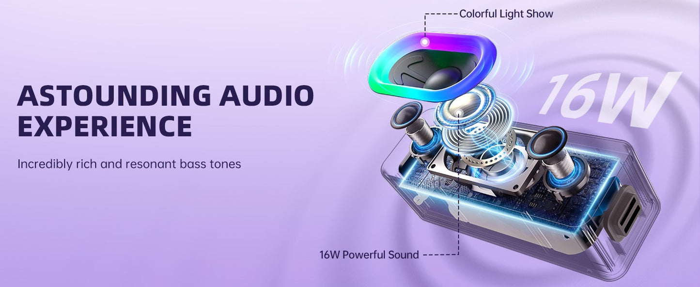 Caixa de Som Bluetooth Ortizan, Efeito Estéreo 360°, À Prova D'água IPX6, 24H de Reprodução, Adequada para Casa e Uso Externo