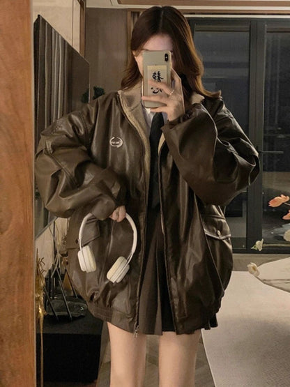 Maillard Fashion PU Leather Jacket With Lambswool Coat Both Sides Female Y2K Winter New Velvet Locomotive Cotton-padded Jacket