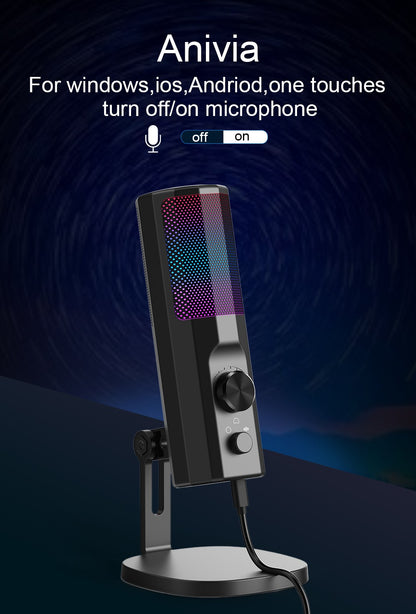 Microfone Condensador 3,5 mm com Cancelamento de Ruído ENC, Iluminação LED RGB, Compatível com PC/PS4/PS5/Mac/Android, Ideal para Stream
