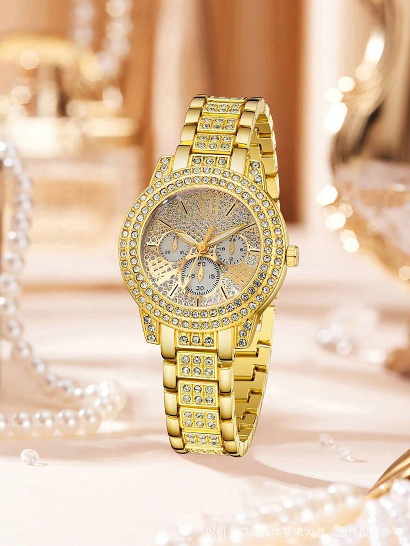 Luxurious ladies' quartz watch and jewelry set with intricate engravings, a birthday gift, and an elegant outfit for a party.