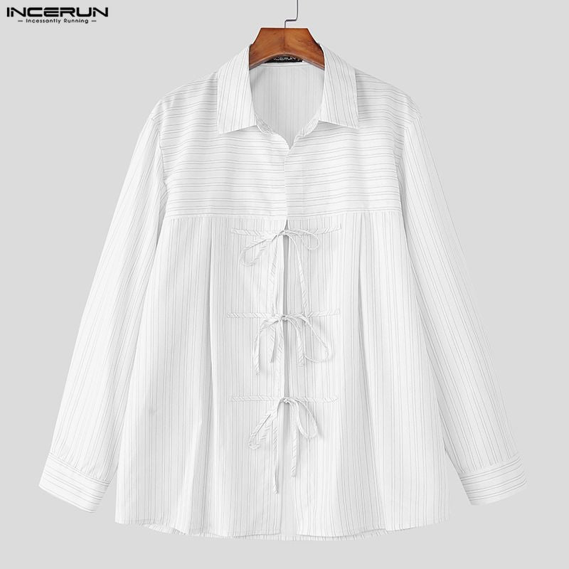 INCERUN Men Striped Shirt Lapel Long Sleeve Lace Up Hollow Out Men Clothing Oversize Korean Style Streetwear Casual Shirts Men