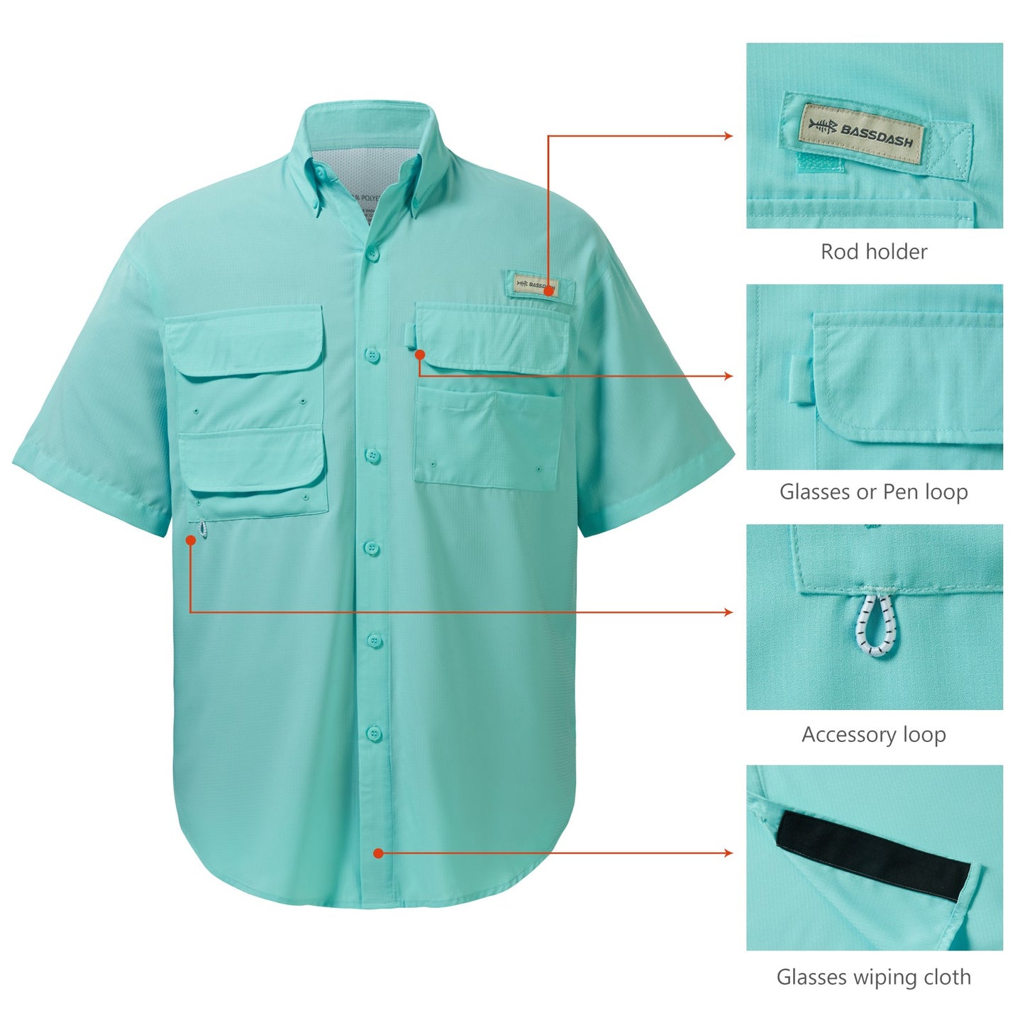 Camisa Social Masculina Pesca Bassdash UPF 50 Botão Manga Curta Tecido Exterior