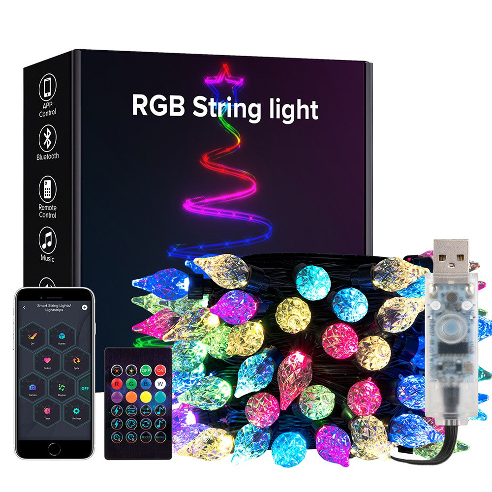 USB Christmas Lights String 5m 10m Bluetooth Music APP Remote DC5V WS2812B Party Wedding Garden Backyard Star Rugby Strawberries