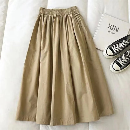 Women Solid Long Skirt Fashion Pockets Pleated Knee Length Skirts Autumn 2025 New Casual Elegant High Waist A Line Femme Skirts