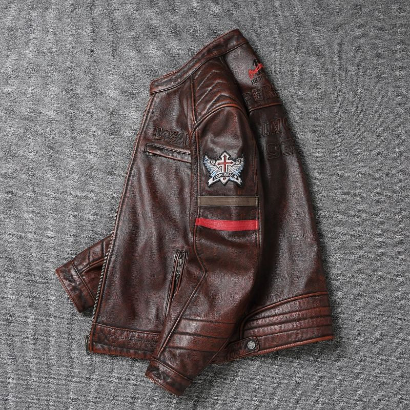 Fashionable Men's Motor Jacket Genuine Cow Leather Coat Male Outerwear Windbreaker Spring Autumn Cloth with Epaulet Brown