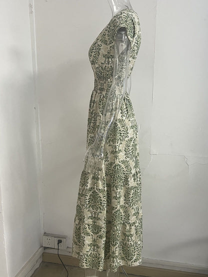2025 vintage printed dress fashionable and elegant V-neck short sleeved jumpsuit long skirt women's clothing
