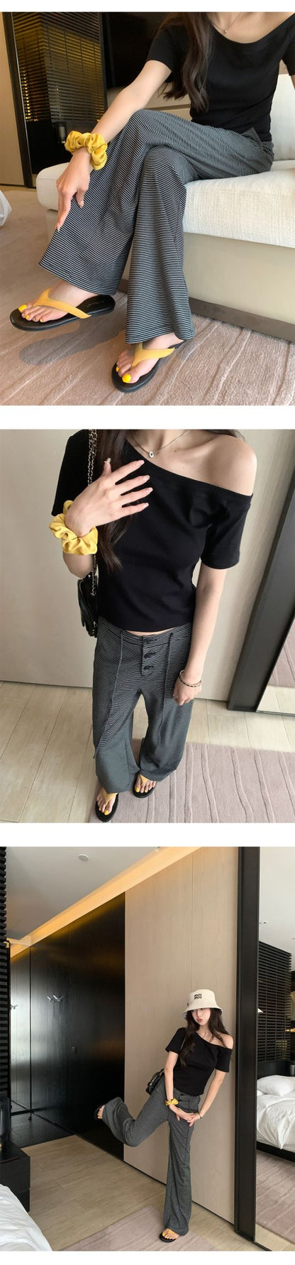 Baishiwang Silk Blend Knitted Pants Women's Summer Loose Casual Drape Long Striped Trousers Versatile Comfortable Long Pants