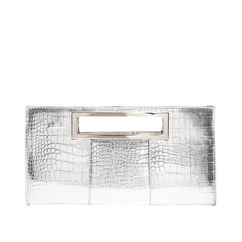 Women Crocodile Pattern PU Leather Clutch Purse Metal Grip Handle Tote Handbag Trendy Evening Bags Chic Black Envelope Party Bag