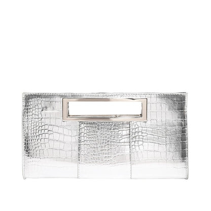 Women Crocodile Pattern PU Leather Clutch Purse Metal Grip Handle Tote Handbag Trendy Evening Bags Chic Black Envelope Party Bag