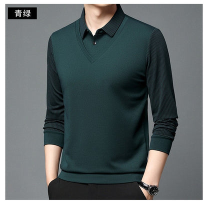 Fashion Fake Two-piece Men Long Sleeve Shirt Stripe Splice Lapel Loose Casual Pullover Tops 2025 Male Formal Business Polo Shirt