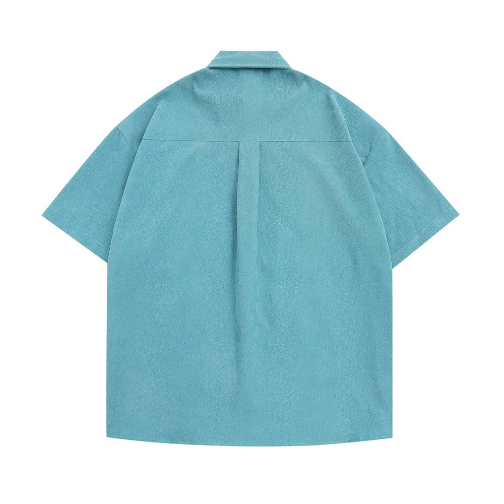 Cartoon Embroidery Cargo Shirts Mens Summer Retro Casual Streetwear Lapel Single Breasted Short Sleeve Shirts Men