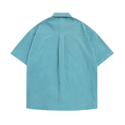 Cartoon Embroidery Cargo Shirts Mens Summer Retro Casual Streetwear Lapel Single Breasted Short Sleeve Shirts Men