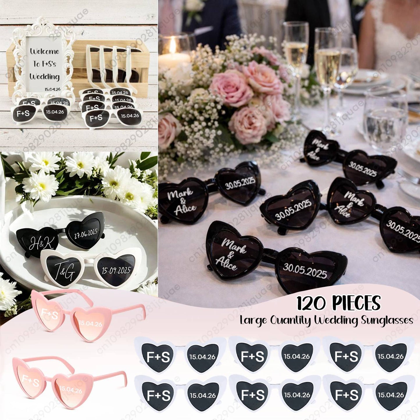 12-120Pcs Custom Wedding Sunglasses Personalised Heart Shaped Sunglasses Wedding Party Favors for Guest Date Initials Custom