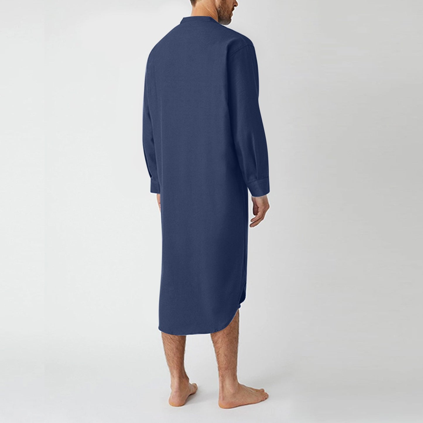 Men's Cotton Button-down Sleep Robe Solid Color Stand Neck Long Sleeve Nightgown Fashion Comfortable Home Wear Loose Bathrobe