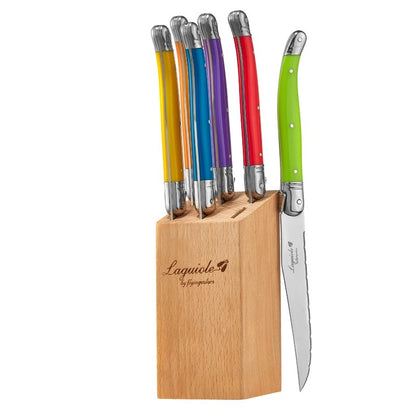 Conjunto de Facas de Churrasco Laguiole em Aço Inoxidável 6/7 Peças, Facas de Churrasco com Suporte de Madeira, Faca de Jantar de Aço, Conjunto de Talheres Coloridos de Natal