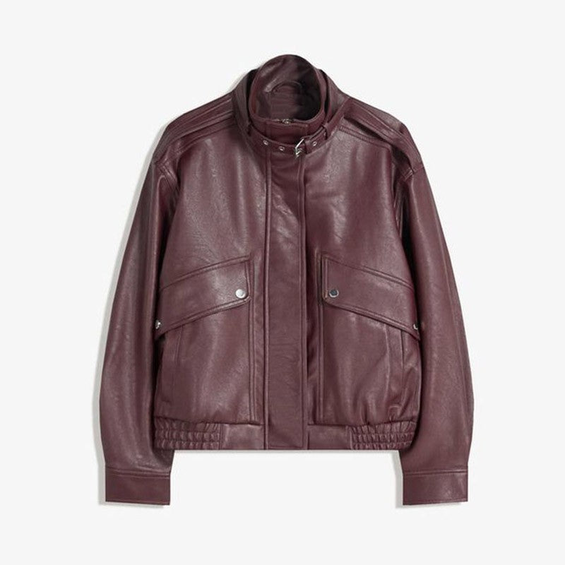 Fashion PU Leather Stand Up Coat for Women Casual Long Sleeve Zipper Lady Jackets 2025 Autumn New Female Outerwear High Street