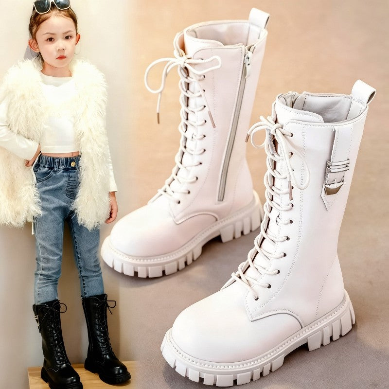 Elegant Zipper Baby Girl Casual Fashion Boots Autumn/winter Round Toe Warm Thick Sole Lace Comfortable Children's Midsole Boots