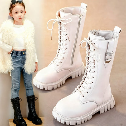 Elegant Zipper Baby Girl Casual Fashion Boots Autumn/winter Round Toe Warm Thick Sole Lace Comfortable Children's Midsole Boots