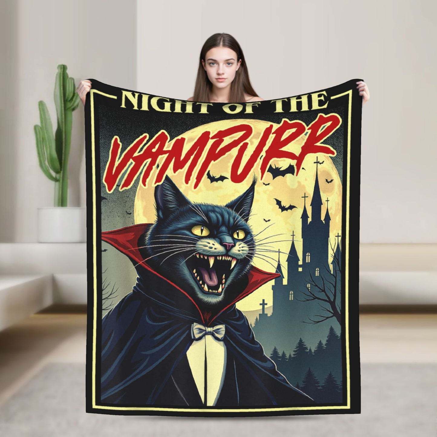 Funny Vampurr Vampire Cat Bites Again Flannel Blankets Halloween Awesome Throw Blanket for Quilt 200x150cm Soft