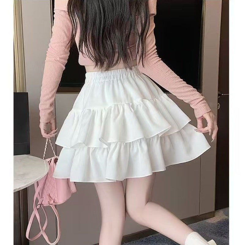 Korean Chic Y2K Sweet Girl's White Princess Mini Skirt Ballet-style Tiered Skirt Elastic High Waist Cake Skirt Shorts All-match