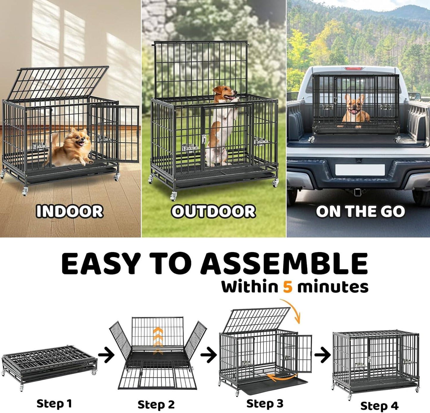 Caixa para Cães Dobrável de 37" para Serviço Pesado, Canil à Prova de Fuga com Rodas Traváveis, Bandeja Removível e Grade de Metal para Cães de Porte Médio/Pequeno