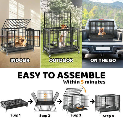 Caixa para Cães Dobrável de 37" para Serviço Pesado, Canil à Prova de Fuga com Rodas Traváveis, Bandeja Removível e Grade de Metal para Cães de Porte Médio/Pequeno