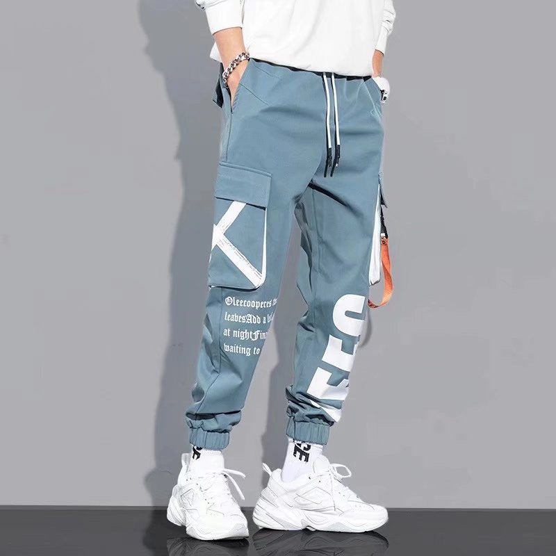 Calças Cargo Masculinas Casuais High Street com Cordão na Cintura Soltas Multi Bolsos Moda Perna Reta Confortáveis