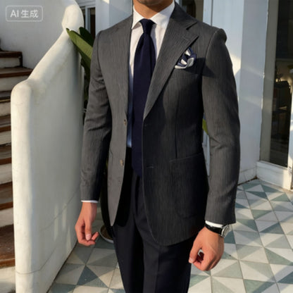 Summer Seersucker 2-Piece Men's Blue Striped Blazer Suit with Notched Lapel Casual Wedding Fine Fit Trousers Male Fashion