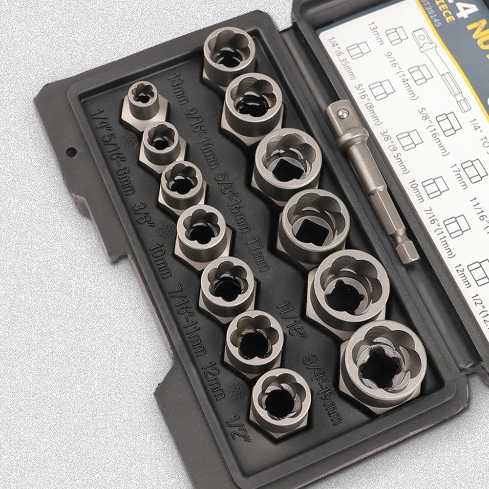 Conjunto de 14 Peças Extrator de Parafuso e Porca de Impacto, Aço Cr-Mo, Conjunto de Ferramentas Extratoras de Parafusos com Estojo de Armazenamento Sólido para Dropshipping Industrial