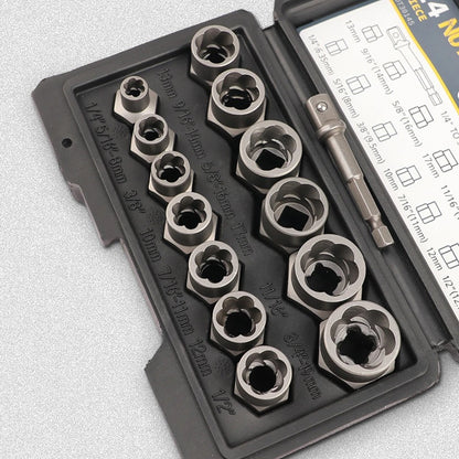Conjunto de 14 Peças Extrator de Parafuso e Porca de Impacto, Aço Cr-Mo, Conjunto de Ferramentas Extratoras de Parafusos com Estojo de Armazenamento Sólido para Dropshipping Industrial