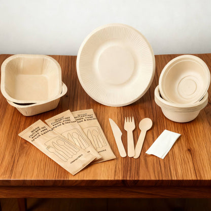 Conjunto Descartável de Talheres de Polpa com 20 Peças Biodegradáveis Inclui Tigela Prato Faca Garfo Colher para Casa Festa Piquenique Recipientes de Comida