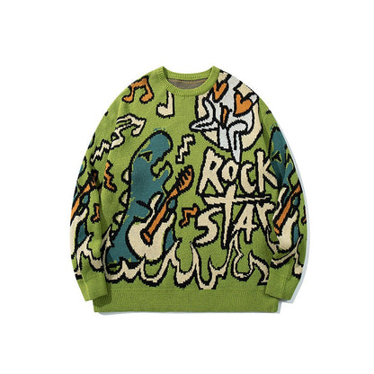 CALESECT Green Dinosaur Knit Sweater Womens Dino Jumper Y2K Streetwear Oversized Pullover Plus Size Mens Women Adults Men Trendy