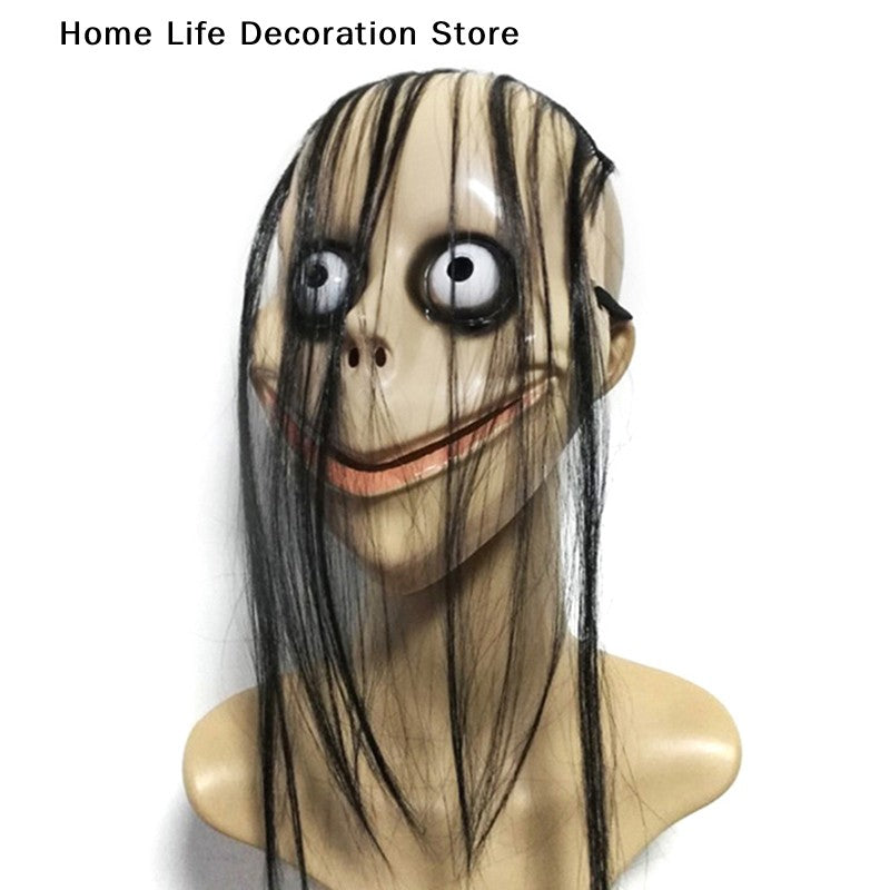 Halloween MO MO Mask With Long Hair Big Eyes Funny Mask Horror Ghost Party Costume Props V-shaped Mouth Mask Halloween Cosplay