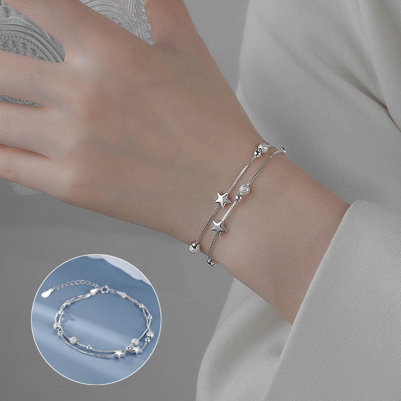 Pulseiras de miçangas de estrela de prata esterlina 925 de luxo para mulheres, pulseira ajustável de camada dupla de designer original, joia de festa