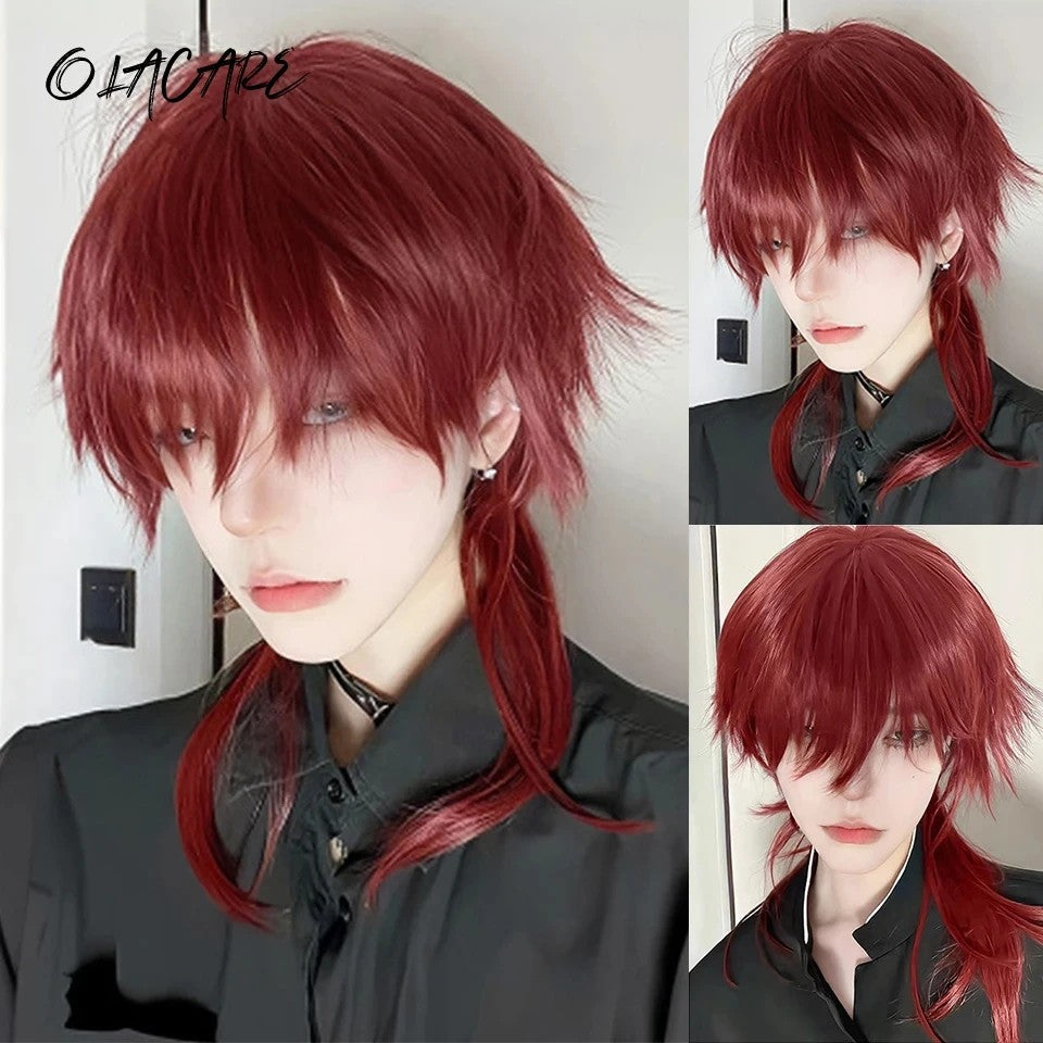 OLACARE Perucas Curta Mullet com Franja Sintética Reta Anime Masculina Preto Branco Cinza Verde Peruca de Cabelo para Festa Diária Cosplay