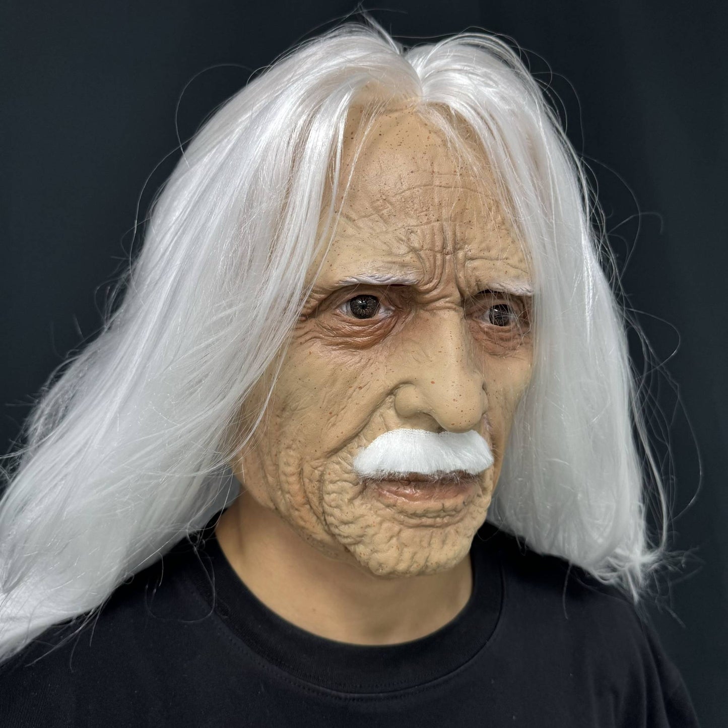 Realistic Old Man Latex Mask with Long White Hair & Mustache – Full Head Cosplay Helmet for Halloween Costume Party Props