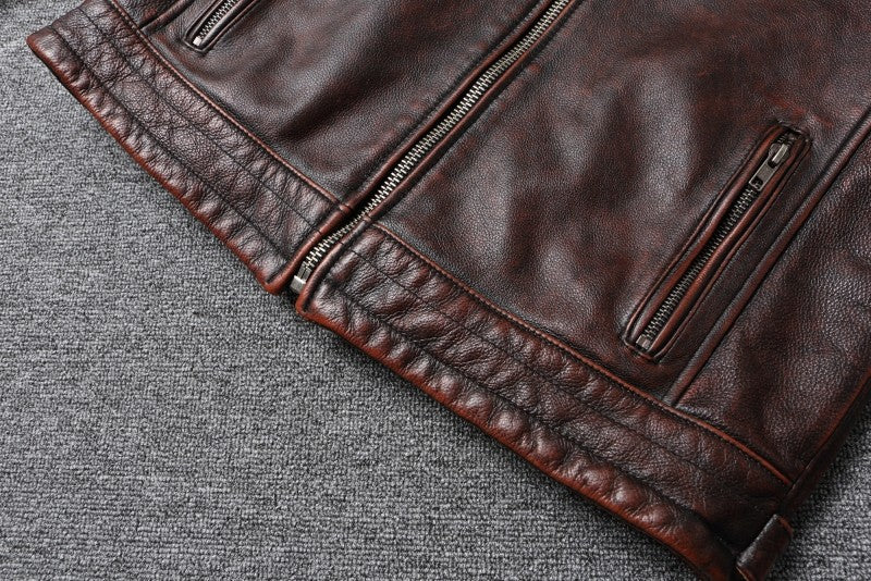 Fashionable Men's Motor Jacket Genuine Cow Leather Coat Male Outerwear Windbreaker Spring Autumn Cloth with Epaulet Brown