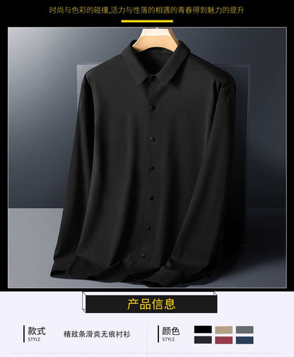 Stretch Elastic Stripe Men's Shirt Long Sleeve Classic Blouse Male Elegant Work Big Size Plus Large High Quality Ice Silk Social