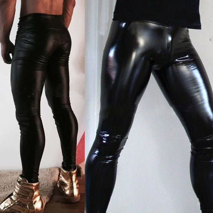 Hot Sexy Gay Men's PU Leather Legging Wet Look Skinny Pouch Pants Trousers Nightclub Party Tight Male Exotic Costume