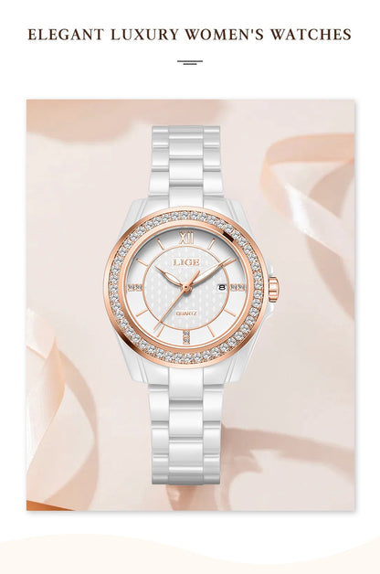 LIGE Fashion Quartz Watch for Women Stainless Steel Ceramics Strap Waterproof Women's Watches Elegant Luxury Ladies Wristwatch
