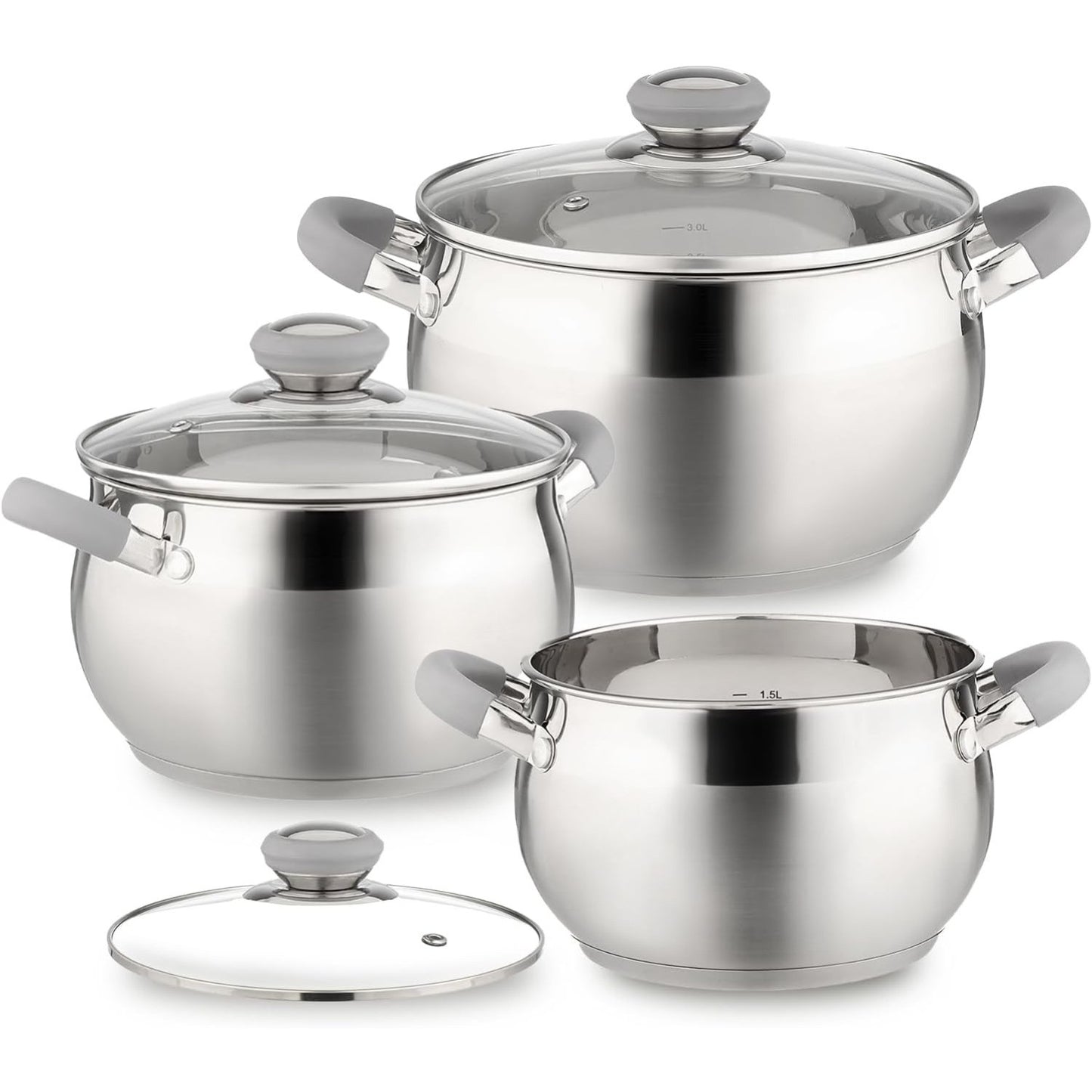 Conjunto de Panelas de Indução Moderno em Aço Inox com 6 Peças – Panelas Próprias para Lava-Louças com Alças Antitérmicas, Tampas de Vidro, Prateado